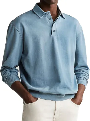 Mens Casual Polo Shirts Vintage Distressed Washed Long Sleeve Button Up Golf Pullover Sweatshirts Retro Streetwear
