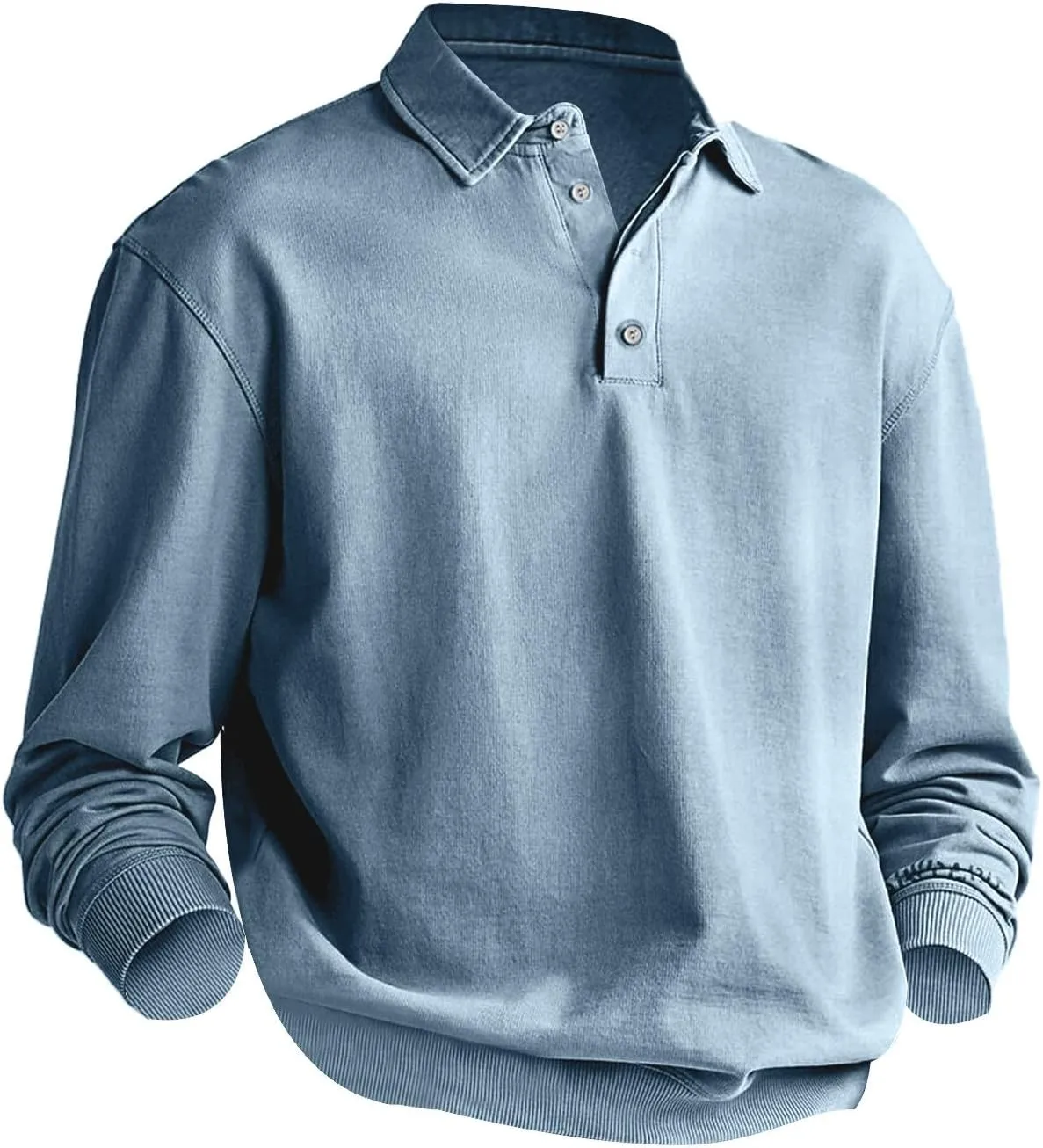 Mens Casual Polo Shirts Vintage Distressed Washed Long Sleeve Button Up Golf Pullover Sweatshirts Retro Streetwear