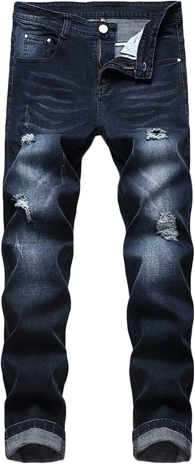 Mens Casual Slim Fit Jeans Stretch Hip Hop Distressed Ripped Skinny Zip Denim Pants Fashion Straight Leg Washed Jean Trousers