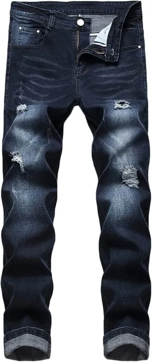 Mens Casual Slim Fit Jeans Stretch Hip Hop Distressed Ripped Skinny Zip Denim Pants Fashion Straight Leg Washed Jean Trousers