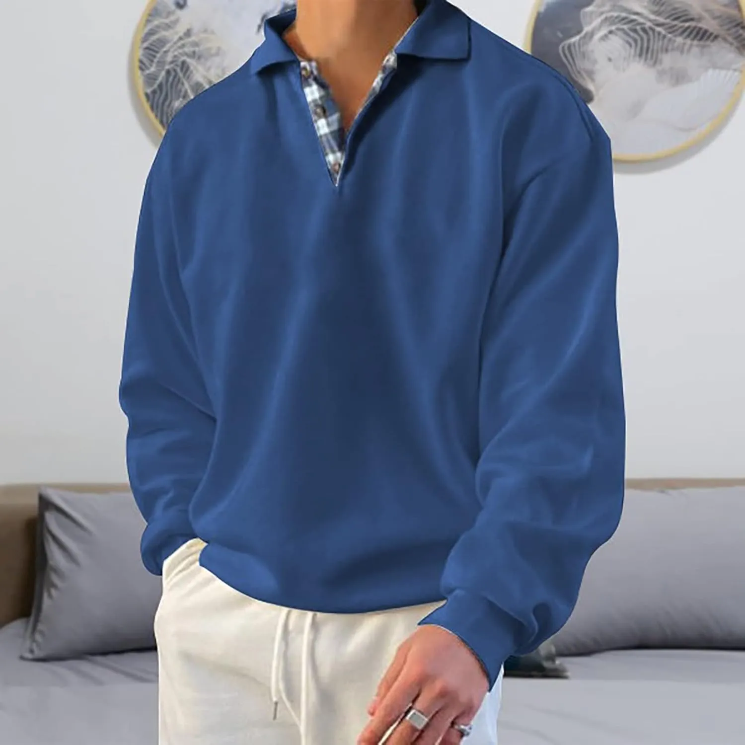Men’s Classic Polo Shirt Long Sleeve Pullover Gentleman Ocean Sweatshirts Lightweight Casual Tops