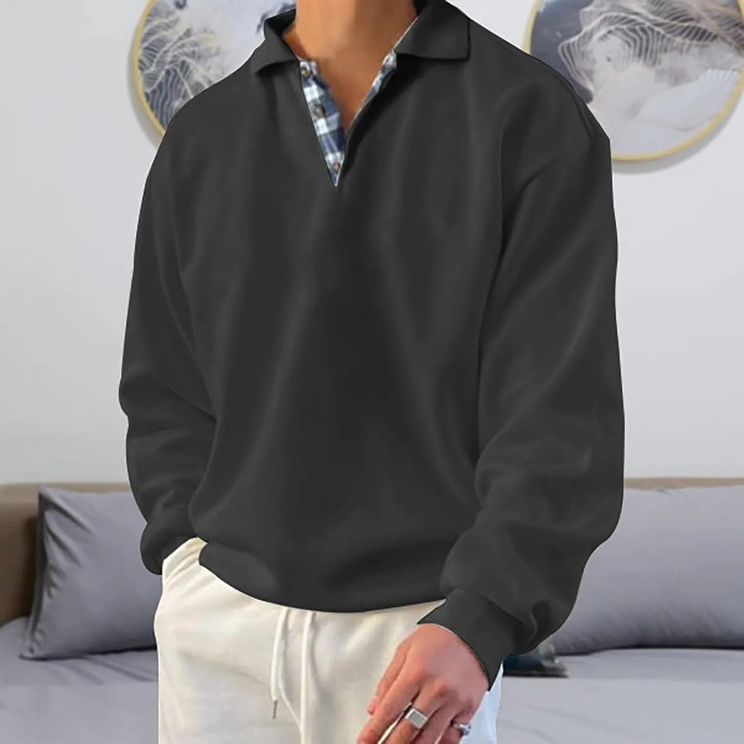 Men’s Classic Polo Shirt Long Sleeve Pullover Gentleman Ocean Sweatshirts Lightweight Casual Tops