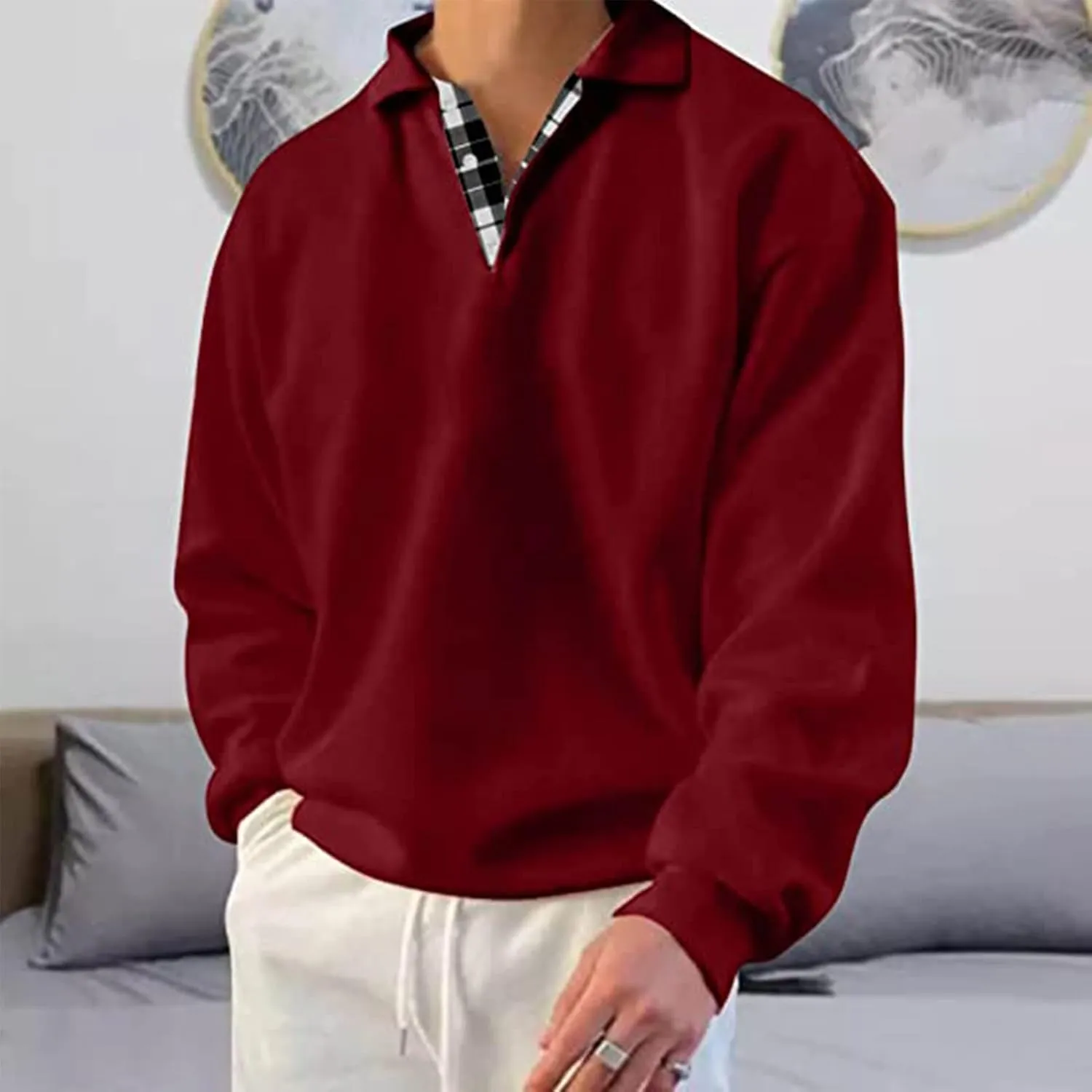 Men’s Classic Polo Shirt Long Sleeve Pullover Gentleman Ocean Sweatshirts Lightweight Casual Tops