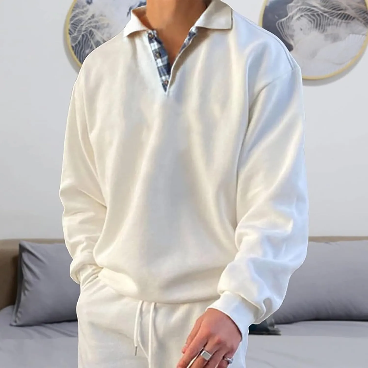 Men’s Classic Polo Shirt Long Sleeve Pullover Gentleman Ocean Sweatshirts Lightweight Casual Tops