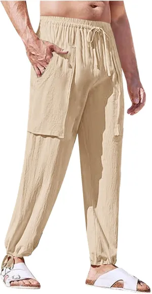 Mens Cotton Linen Drawstring Pants Elastic Waist Casual Jogger Yoga Pants Solid Lightweight Spring Summer Trousers