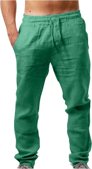 Men's Cotton Linen Trousers Casual Elastic Waist Pants Yoga Pants Straight Leg Sweatpant Drawstring Pants Quick Dry