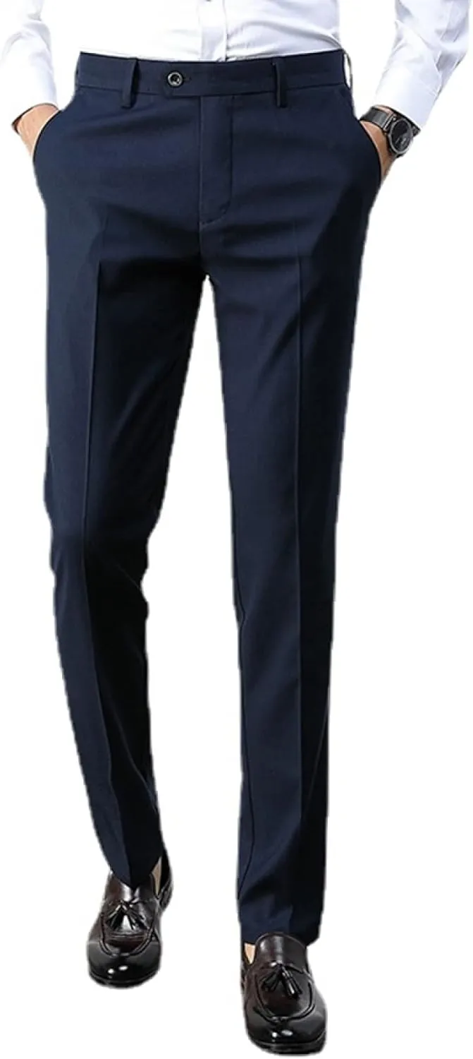 Men's Fashion Solid Color Dress Pants, Classic Slim Fit Non-Iron Business Casual Suit Trousers