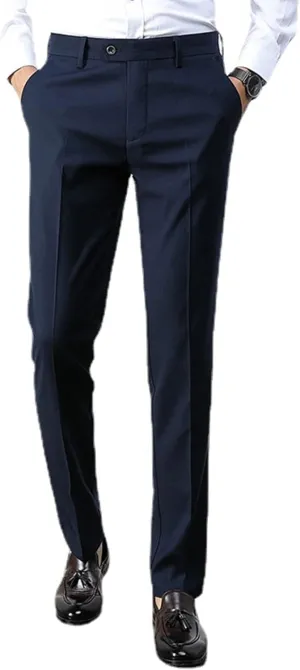 Men's Fashion Solid Color Dress Pants, Classic Slim Fit Non-Iron Business Casual Suit Trousers