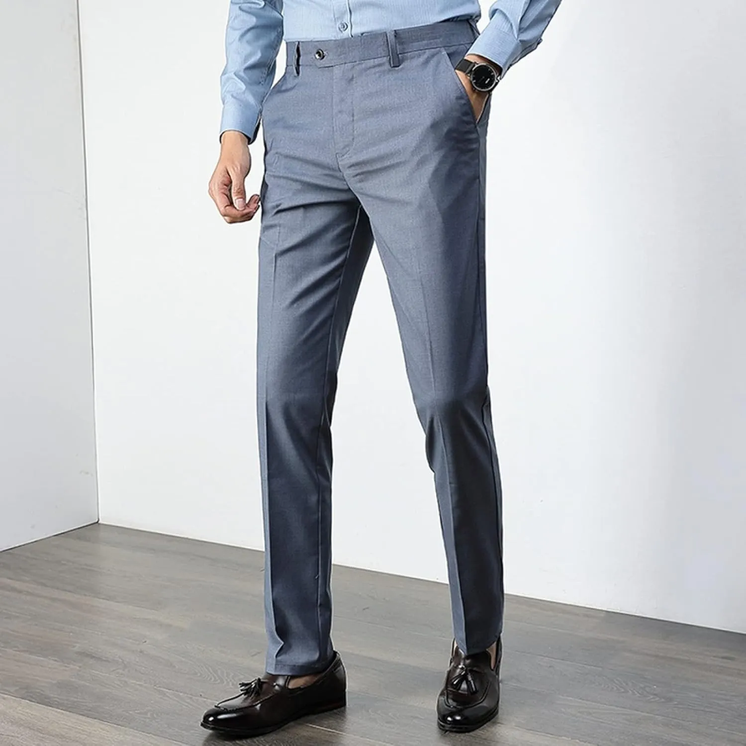 Men's Fashion Solid Color Dress Pants, Classic Slim Fit Non-Iron Business Casual Suit Trousers
