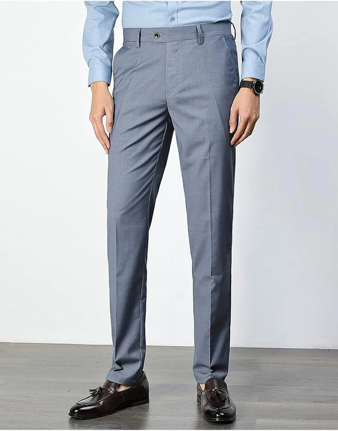 Men's Fashion Solid Color Dress Pants, Classic Slim Fit Non-Iron Business Casual Suit Trousers