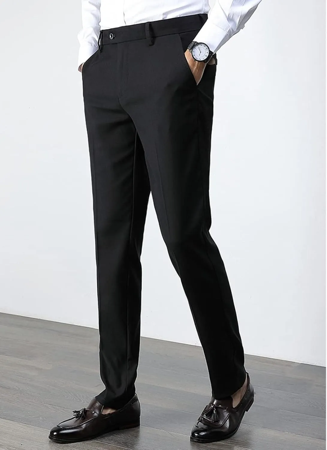 Men's Fashion Solid Color Dress Pants, Classic Slim Fit Non-Iron Business Casual Suit Trousers