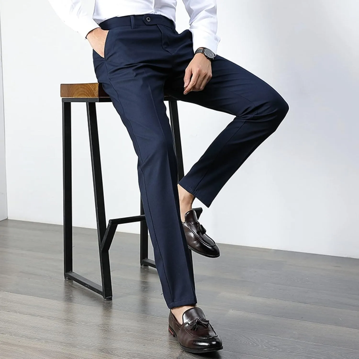 Men's Fashion Solid Color Dress Pants, Classic Slim Fit Non-Iron Business Casual Suit Trousers