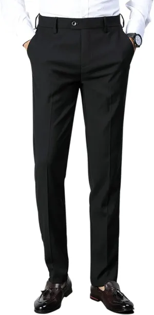 Men's Fashion Solid Color Dress Pants, Classic Slim Fit Non-Iron Business Casual Suit Trousers