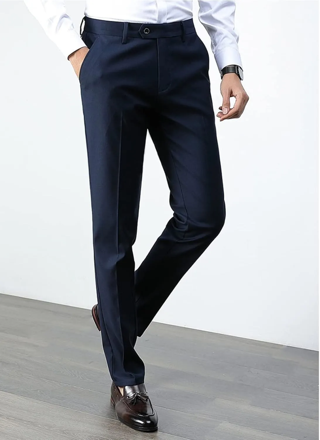 Men's Fashion Solid Color Dress Pants, Classic Slim Fit Non-Iron Business Casual Suit Trousers