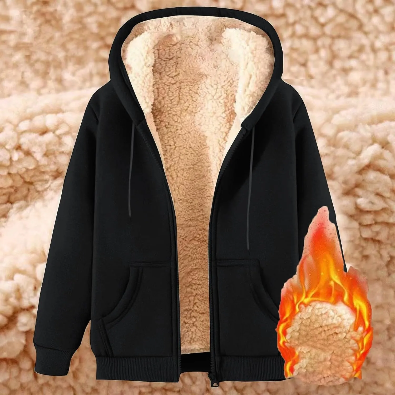Men's Jacket Hooded Full Zip Up Fleece Warm Thick Jackets Winter Long Sleeve Hoodie Jacket Casual Padded Jacket