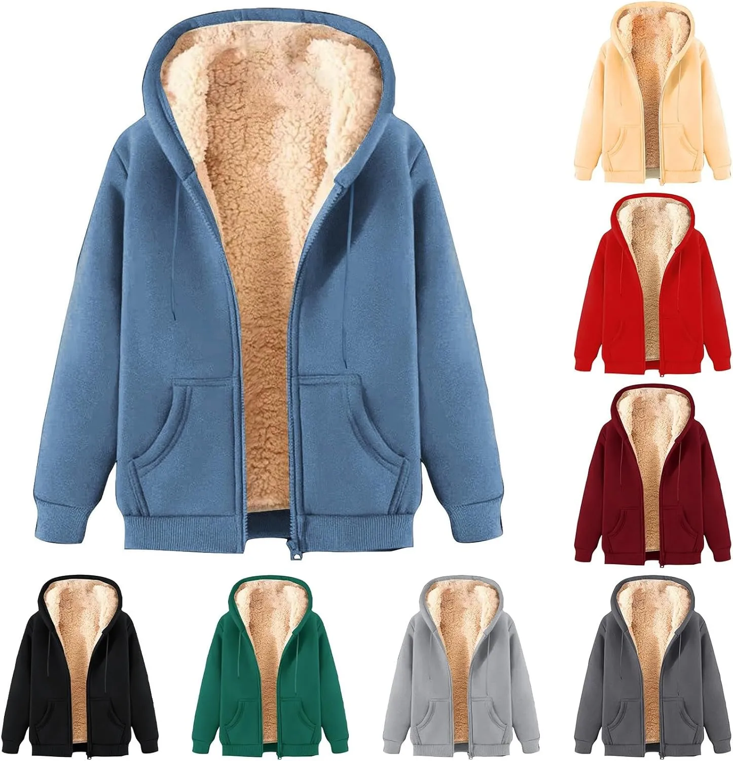 Men's Jacket Hooded Full Zip Up Fleece Warm Thick Jackets Winter Long Sleeve Hoodie Jacket Casual Padded Jacket