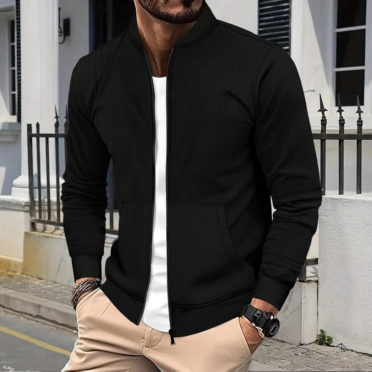 Men's Jacquard Polar Fleece Jacket Lightweight Full Zip Jackets Casual Outdoor Warm Cardigan Sweater Jackets Pockets