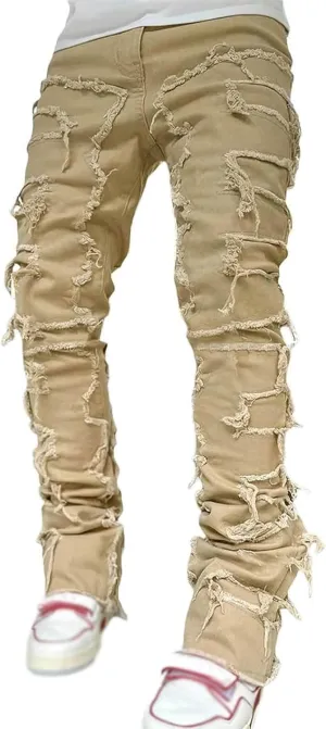 Mens Jeans Regular Fit Men's Black Stacked Jeans Ripped Jeans Regular Fit Patch Distressed Destroyed Denim Streetwear
