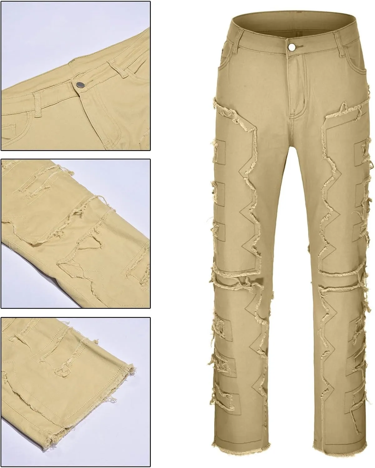 Mens Jeans Regular Fit Men's Black Stacked Jeans Ripped Jeans Regular Fit Patch Distressed Destroyed Denim Streetwear