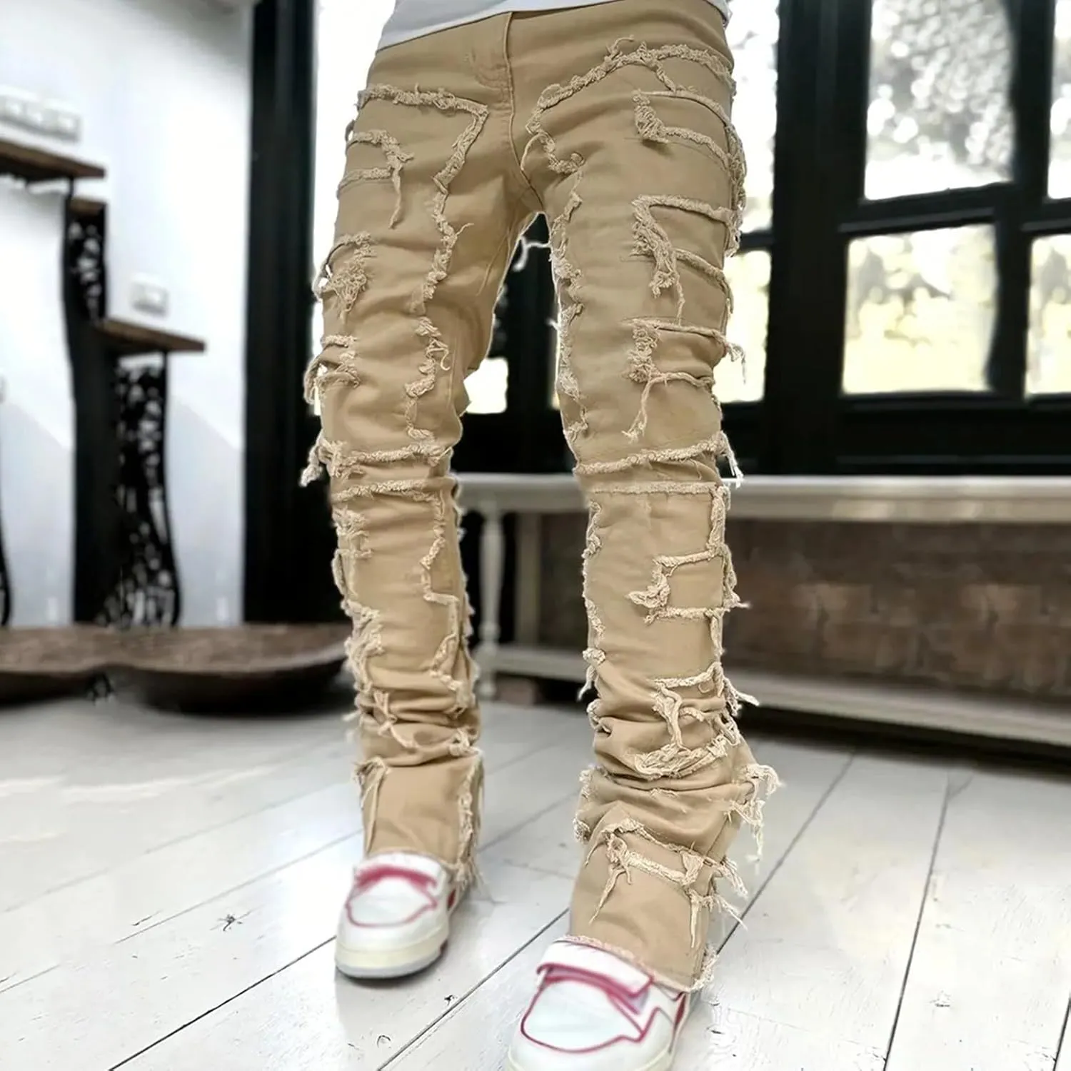 Mens Jeans Regular Fit Men's Black Stacked Jeans Ripped Jeans Regular Fit Patch Distressed Destroyed Denim Streetwear