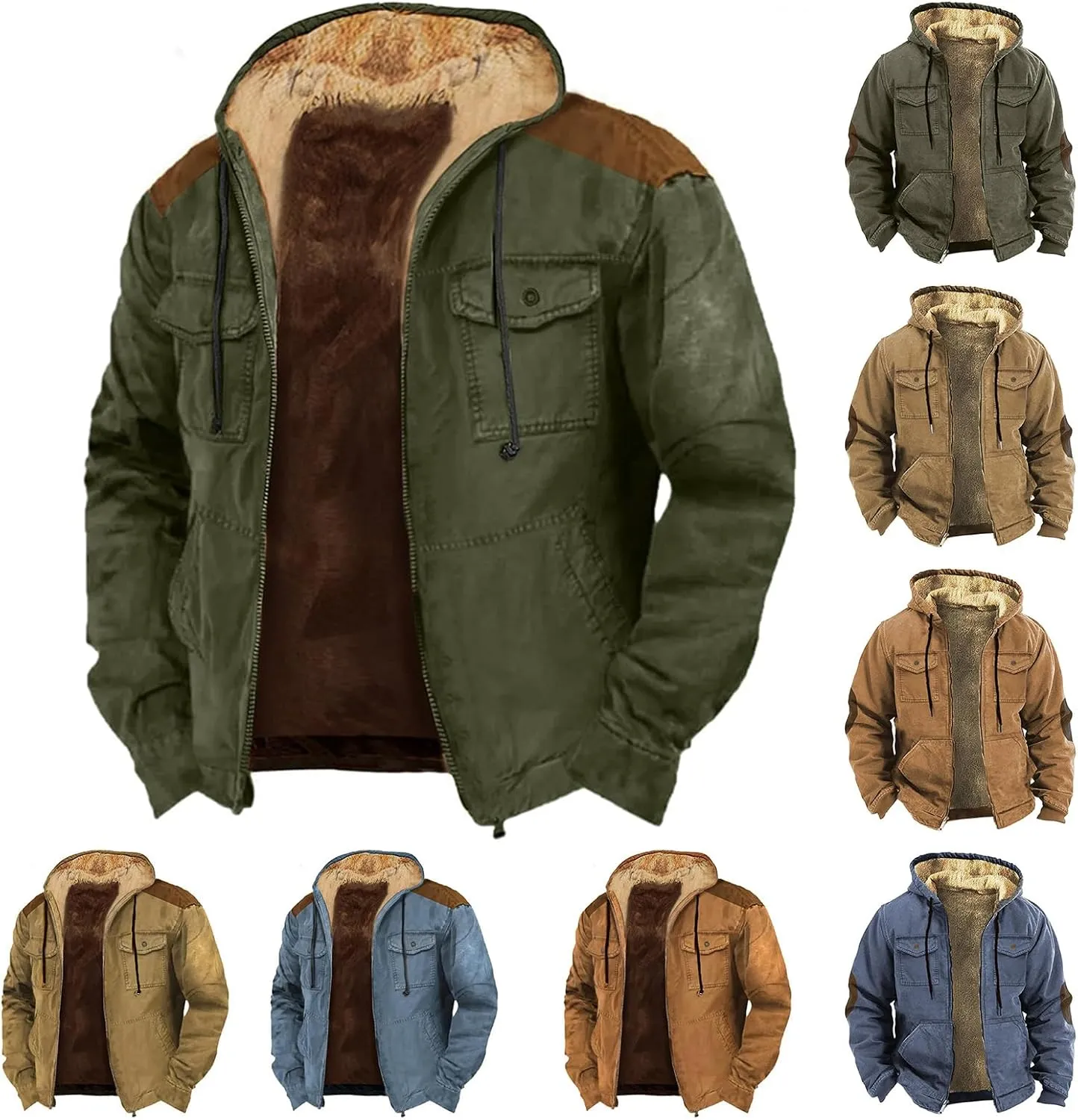 Men's Military Sherpa Lined Jacket Fleece Zipper Hoodie Sweatshirt Coat Full Zip Up Midweight Tactical Jackets for Men