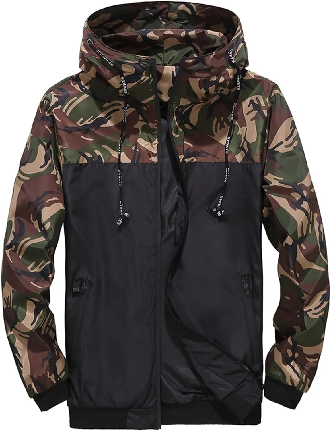 Mens Rain Jackets Zip Up Hooded Waterproof Windbreakers Loose Lightweight Coats Fashion Camo Jackets with Pockets