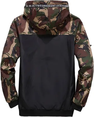 Mens Rain Jackets Zip Up Hooded Waterproof Windbreakers Loose Lightweight Coats Fashion Camo Jackets with Pockets