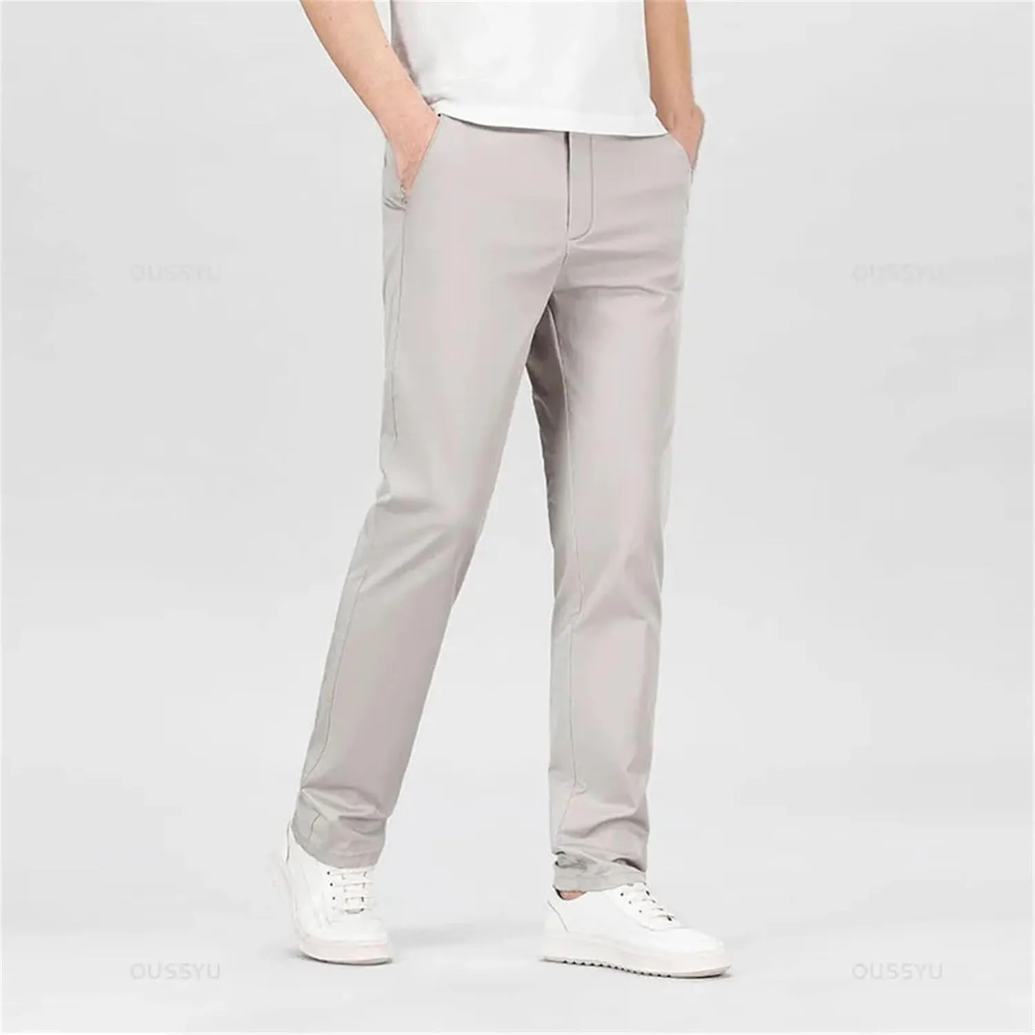 Men's Straight Pants Business Solid Color Khaki Light Gray Casual Formal Suit Trousers