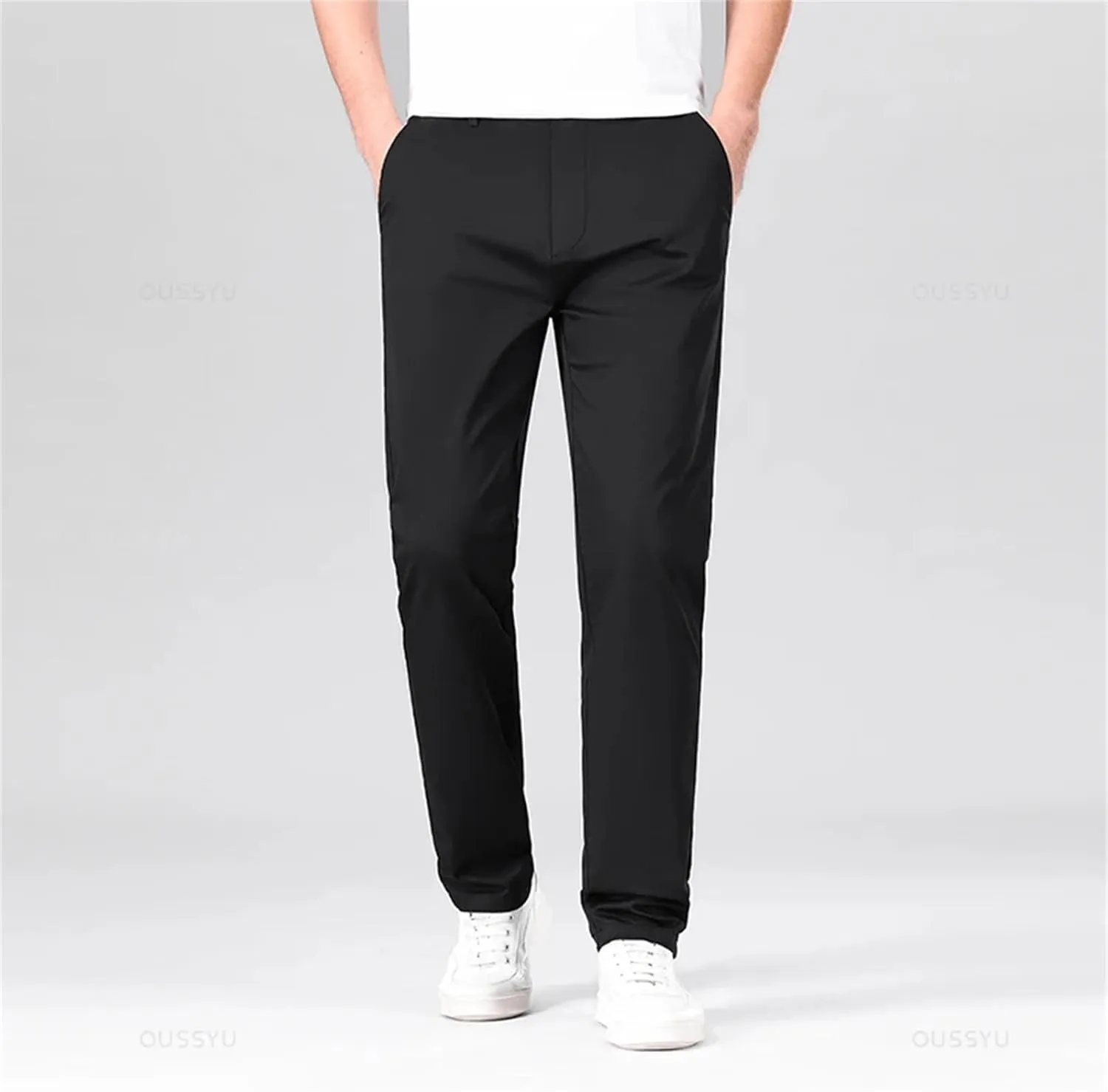 Men's Straight Pants Business Solid Color Khaki Light Gray Casual Formal Suit Trousers