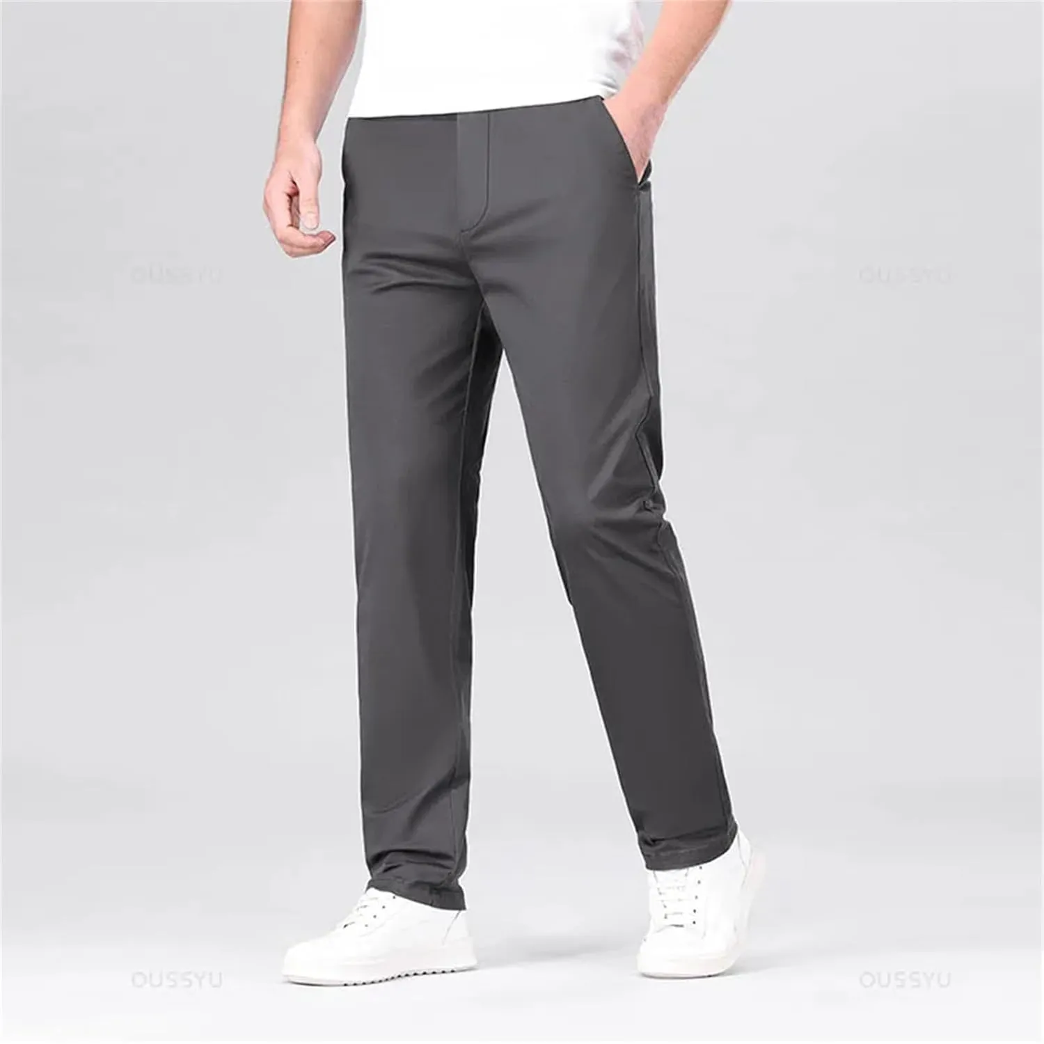 Men's Straight Pants Business Solid Color Khaki Light Gray Casual Formal Suit Trousers