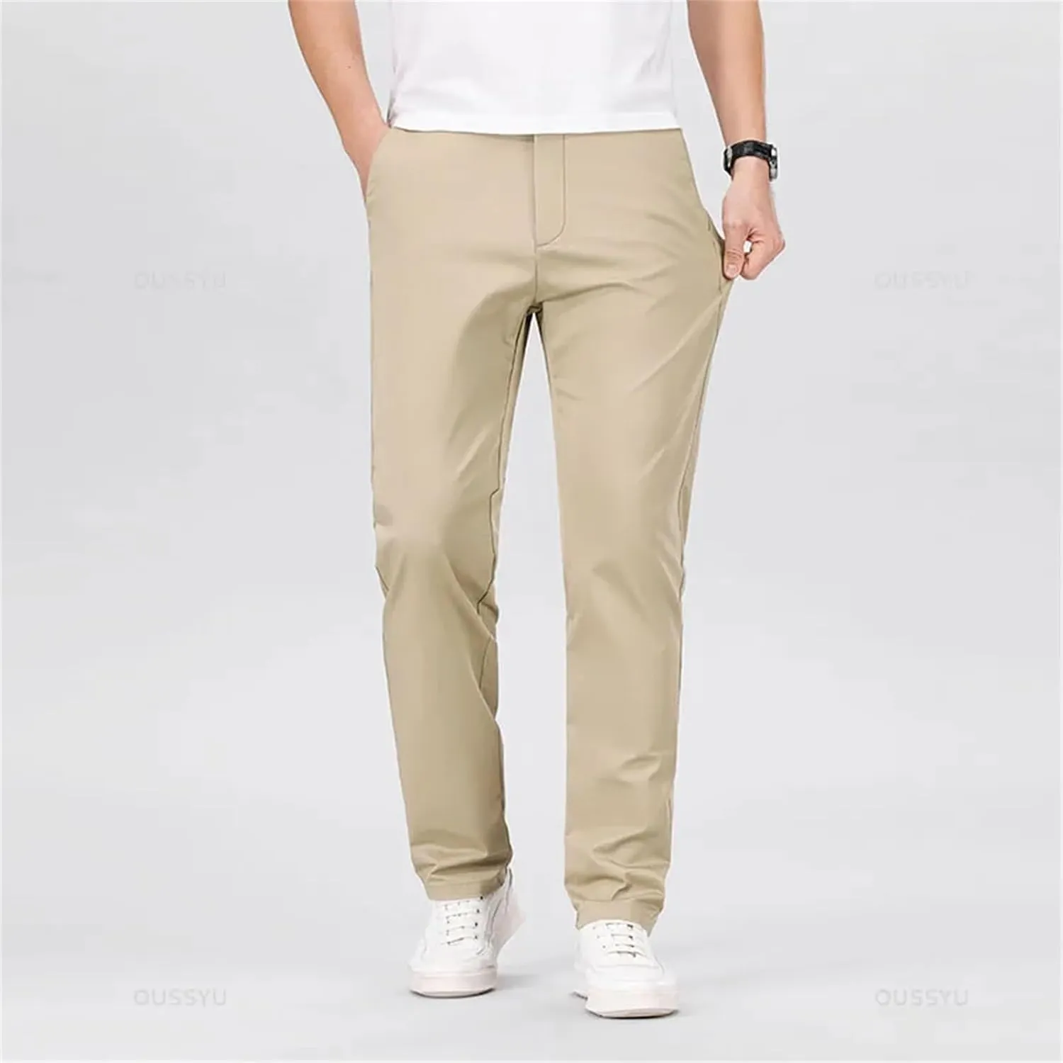 Men's Straight Pants Business Solid Color Khaki Light Gray Casual Formal Suit Trousers