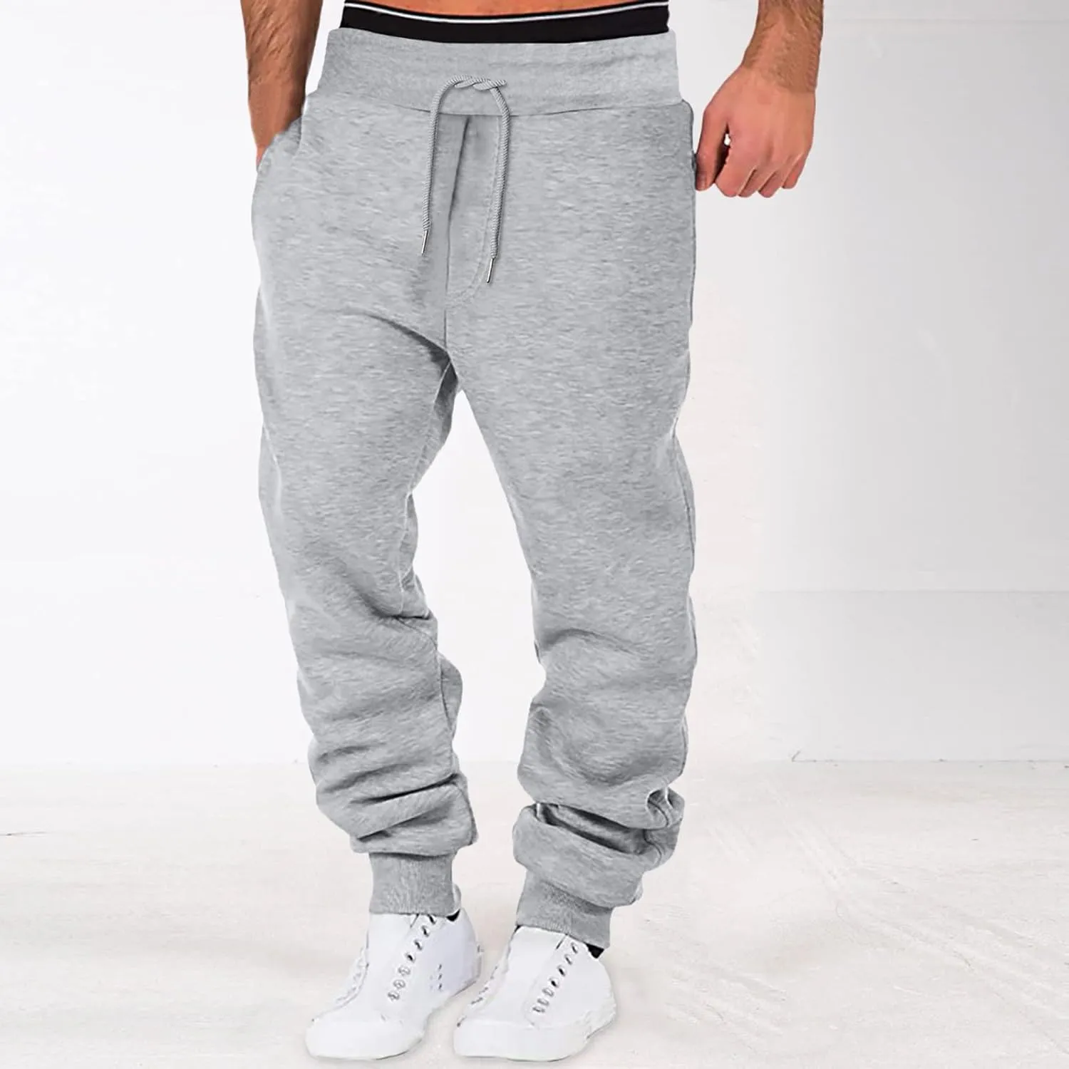 Mens Sweatpants Winter High Street Fashion Leisure Loose Sports Running Solid Color Lace Up Trousers with Zipper
