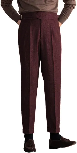 Men's Vintage Pants Tweed Herringbone Knit Pleated Pants Casual Business Suit Trousers