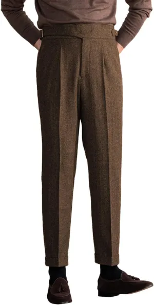 Men's Vintage Pants Tweed Herringbone Knit Pleated Pants Casual Business Suit Trousers