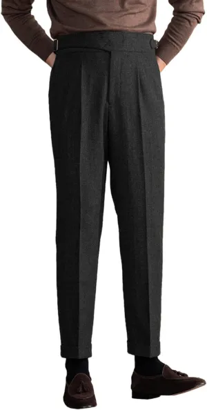 Men's Vintage Pants Tweed Herringbone Knit Pleated Pants Casual Business Suit Trousers