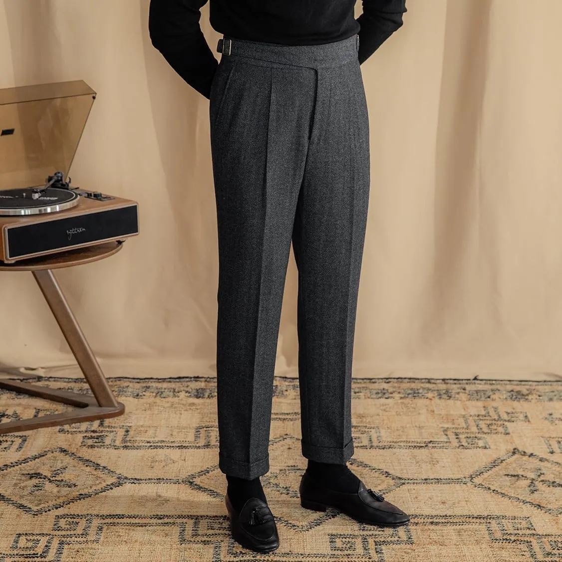 Men's Vintage Pants Tweed Herringbone Knit Pleated Pants Casual Business Suit Trousers
