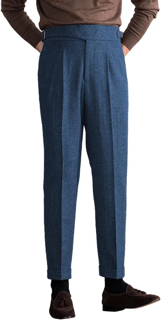 Men's Vintage Pants Tweed Herringbone Knit Pleated Pants Casual Business Suit Trousers