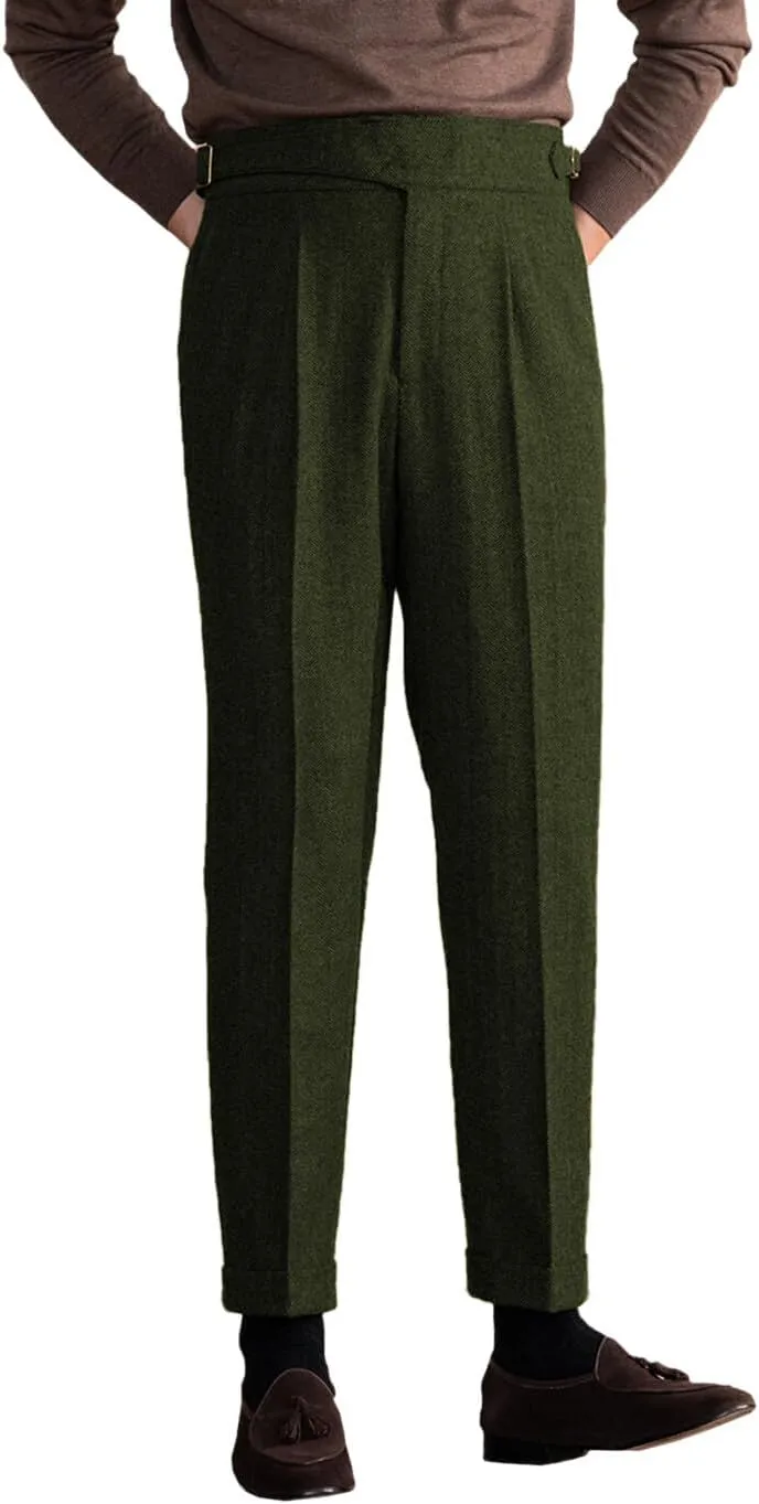 Men's Vintage Pants Tweed Herringbone Knit Pleated Pants Casual Business Suit Trousers