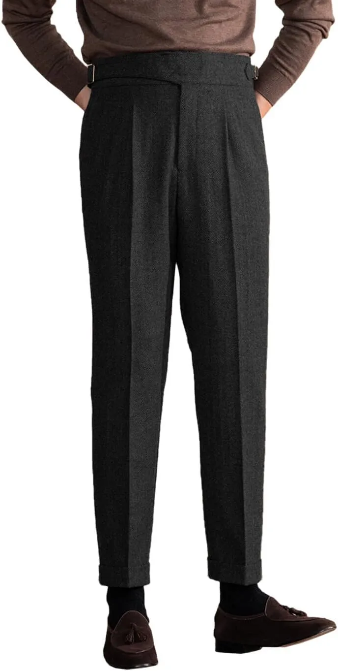 Men's Vintage Pants Tweed Herringbone Knit Pleated Pants Casual Business Suit Trousers