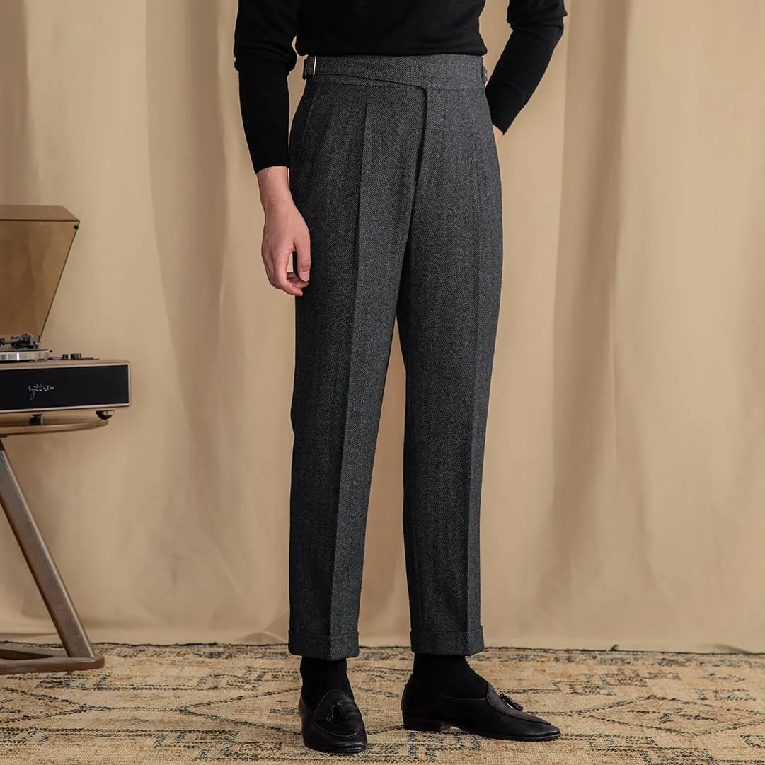 Men's Vintage Pants Tweed Herringbone Knit Pleated Pants Casual Business Suit Trousers