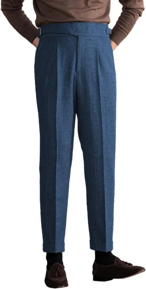 Men's Vintage Pants Tweed Herringbone Knit Pleated Pants Casual Business Suit Trousers