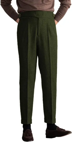 Men's Vintage Pants Tweed Herringbone Knit Pleated Pants Casual Business Suit Trousers