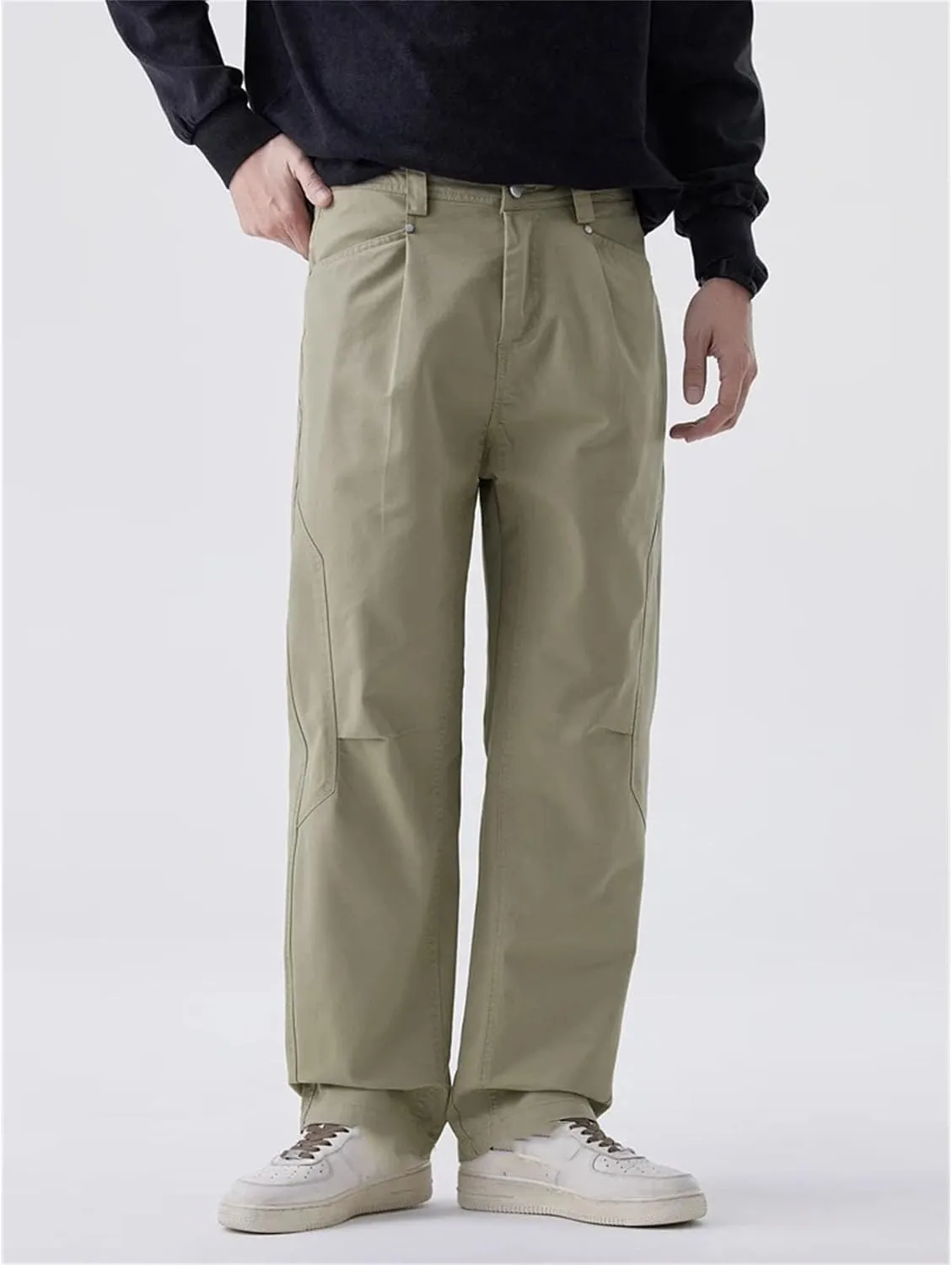 Men's Wide Leg Casual Pants Fashion Solid Color Washed Cotton Loose Straight Trousers Male Spring