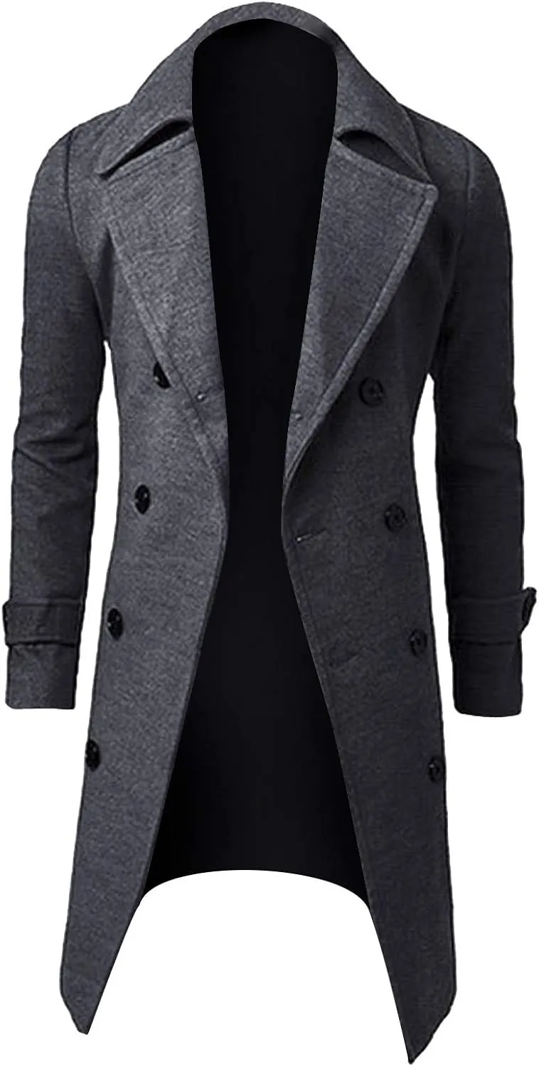 Men's Woolen Blend Trench Coat Double Breasted Slim Fit Winter Overcoat Mid Long Jacket Business Pea Jacket Fashion Coats