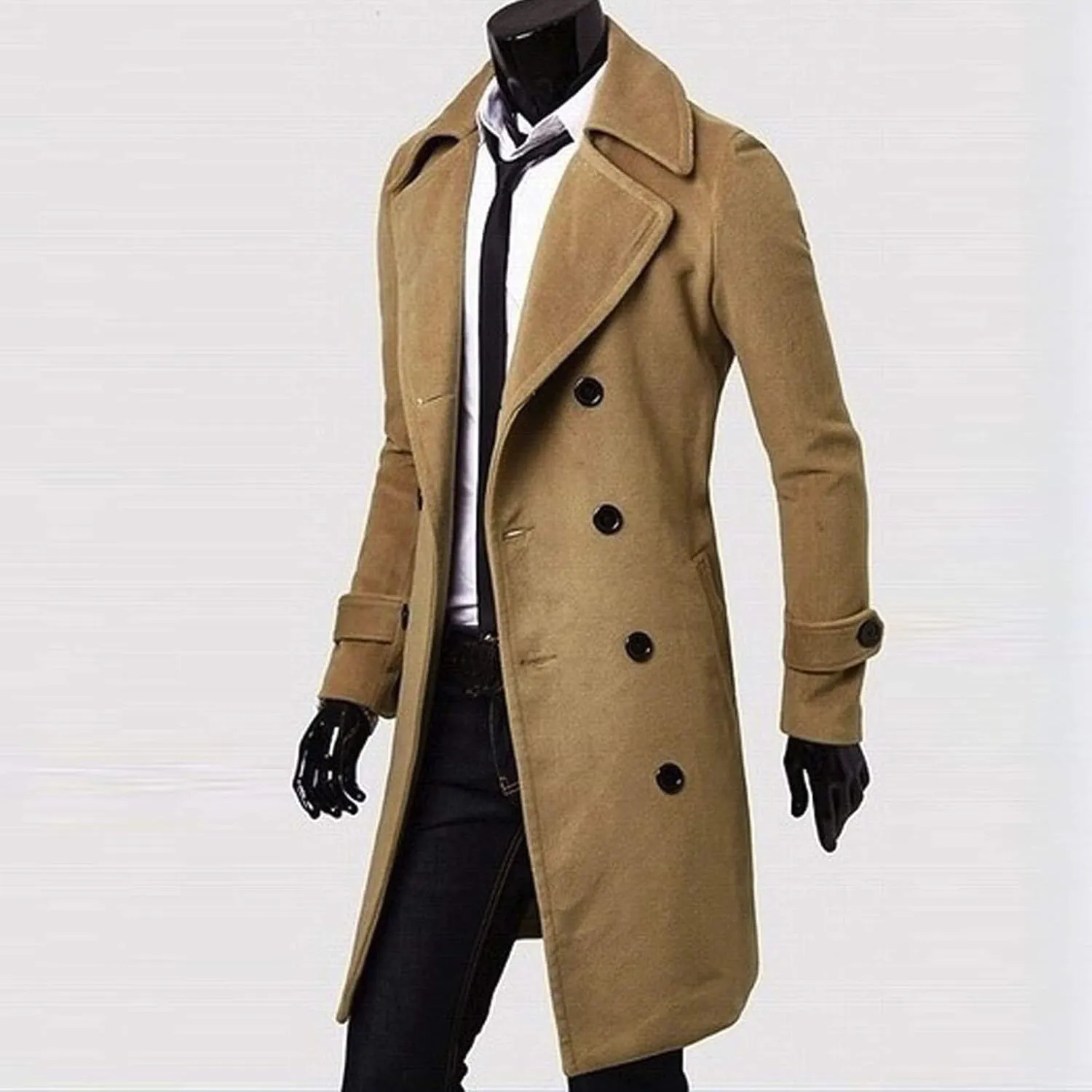 Men's Woolen Blend Trench Coat Double Breasted Slim Fit Winter Overcoat Mid Long Jacket Business Pea Jacket Fashion Coats