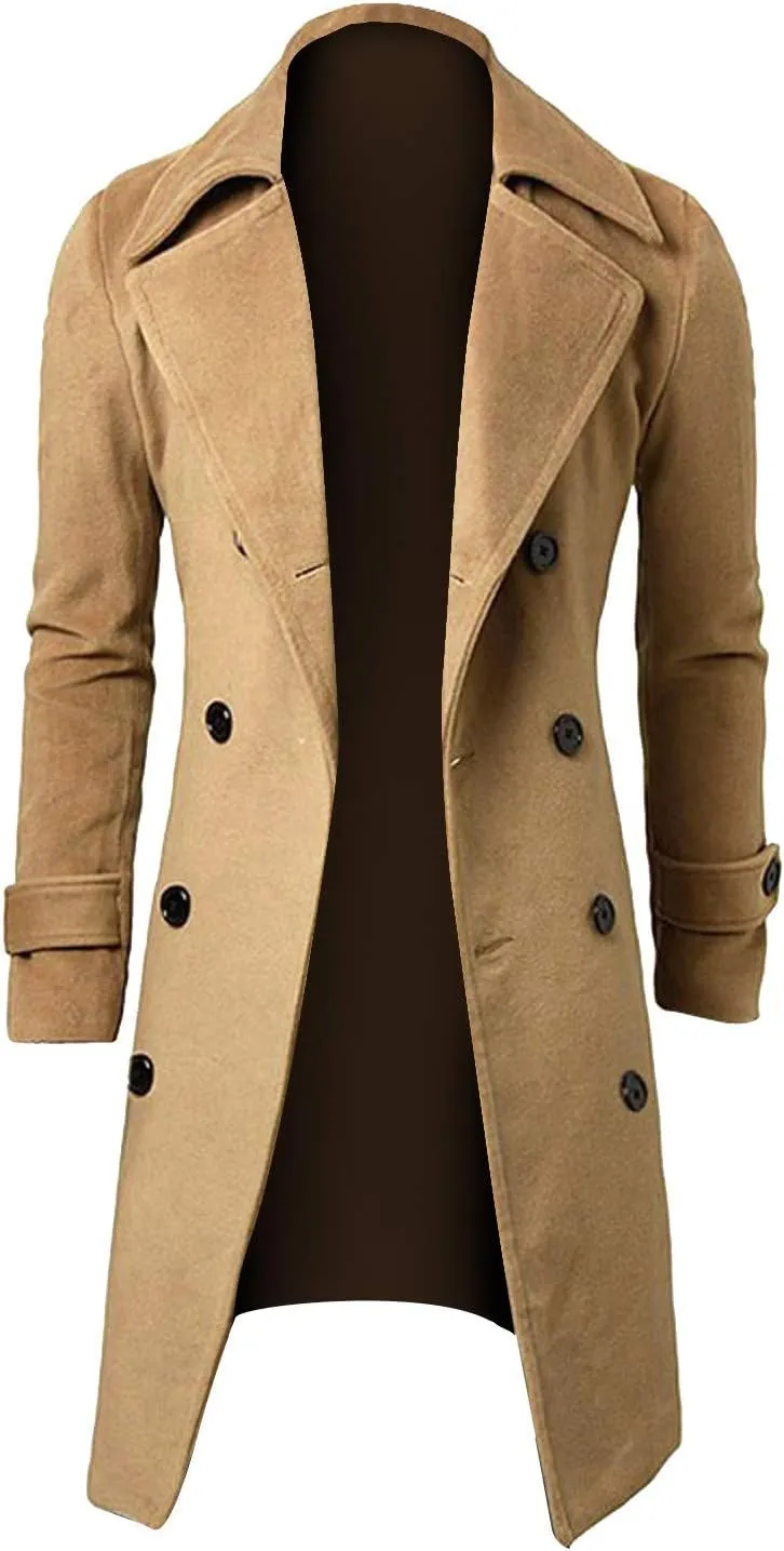 Men's Woolen Blend Trench Coat Double Breasted Slim Fit Winter Overcoat Mid Long Jacket Business Pea Jacket Fashion Coats