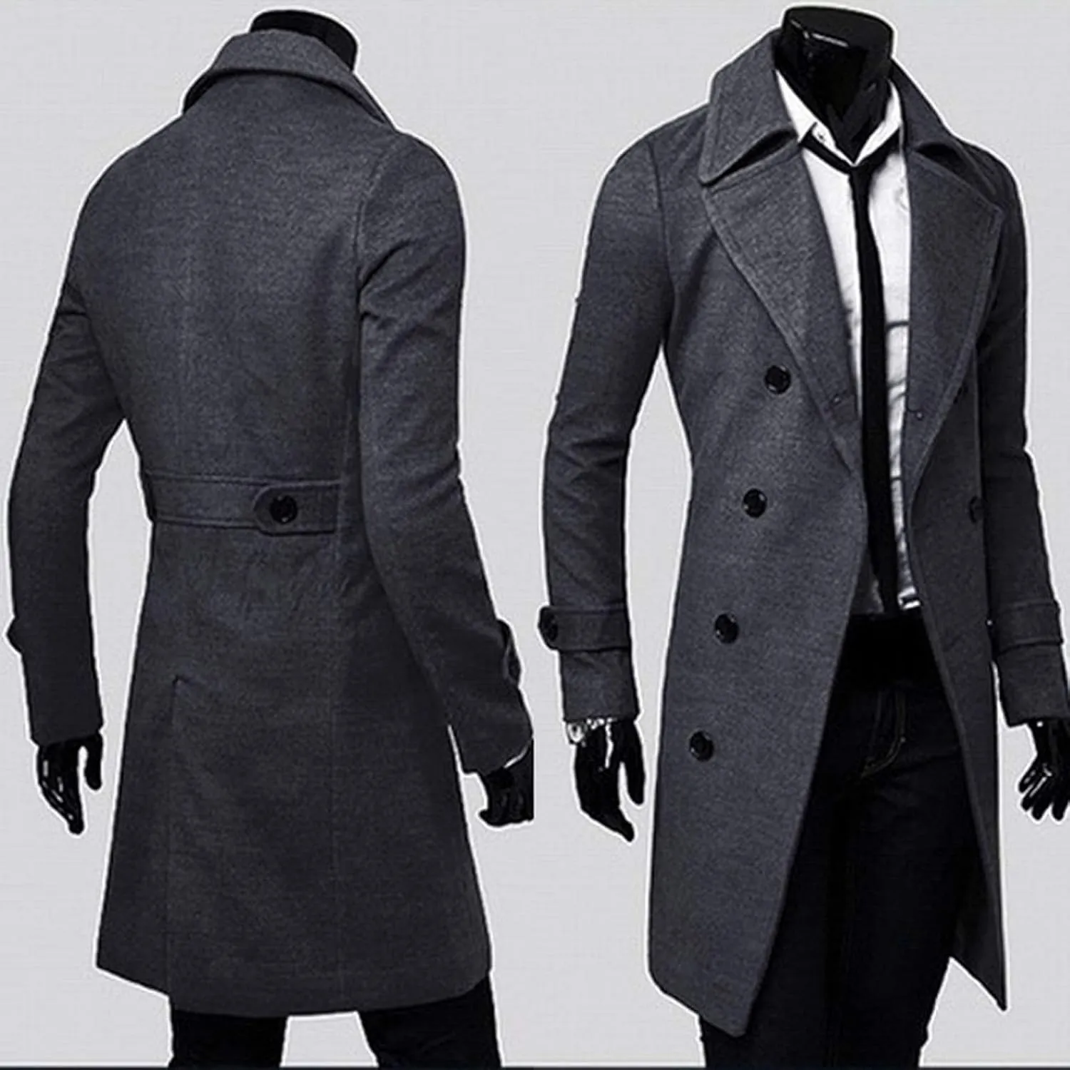 Men's Woolen Blend Trench Coat Double Breasted Slim Fit Winter Overcoat Mid Long Jacket Business Pea Jacket Fashion Coats