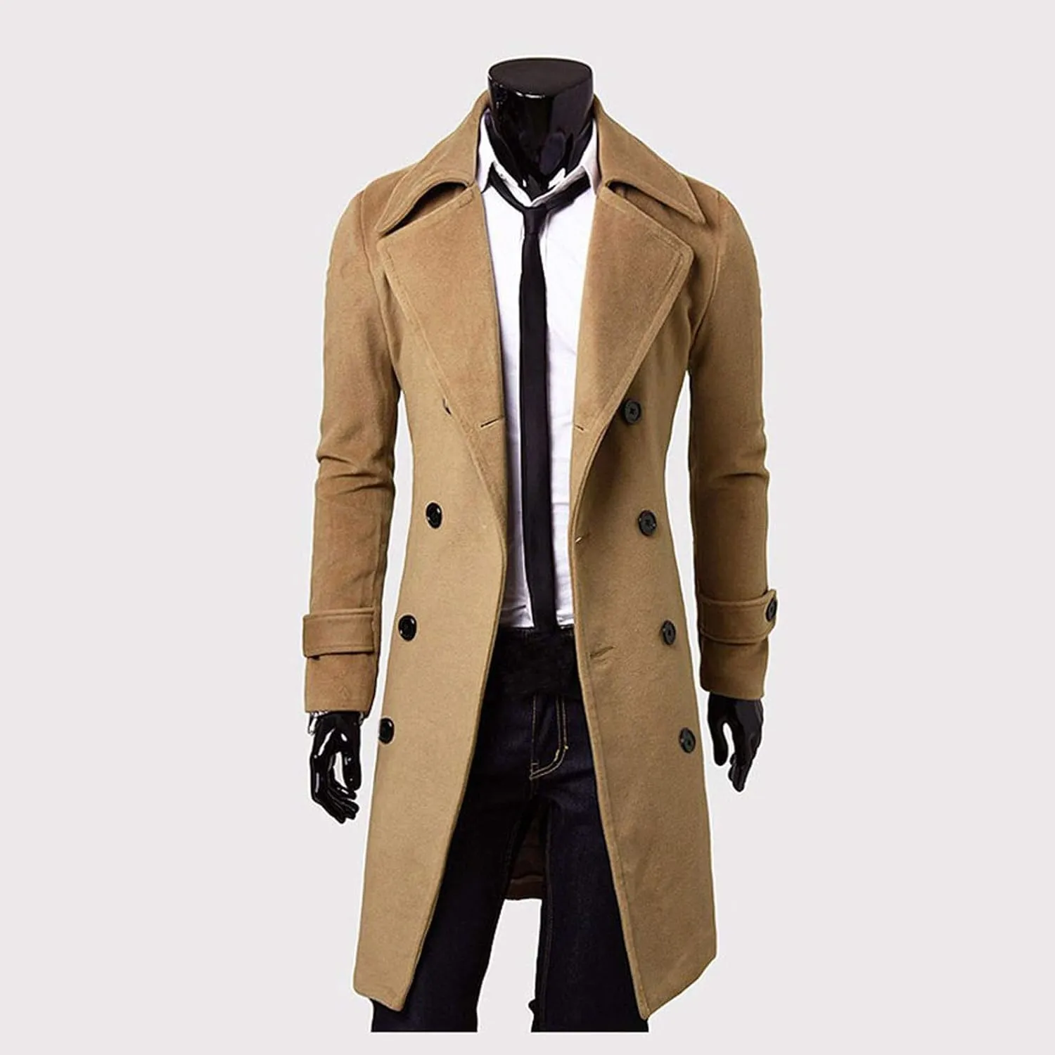 Men's Woolen Blend Trench Coat Double Breasted Slim Fit Winter Overcoat Mid Long Jacket Business Pea Jacket Fashion Coats
