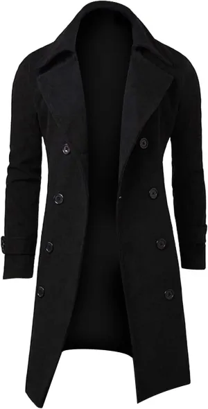 Men's Woolen Blend Trench Coat Double Breasted Slim Fit Winter Overcoat Mid Long Jacket Business Pea Jacket Fashion Coats