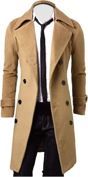 Men's Woolen Blend Trench Coat Double Breasted Slim Fit Winter Overcoat Mid Long Jacket Business Pea Jacket Fashion Coats